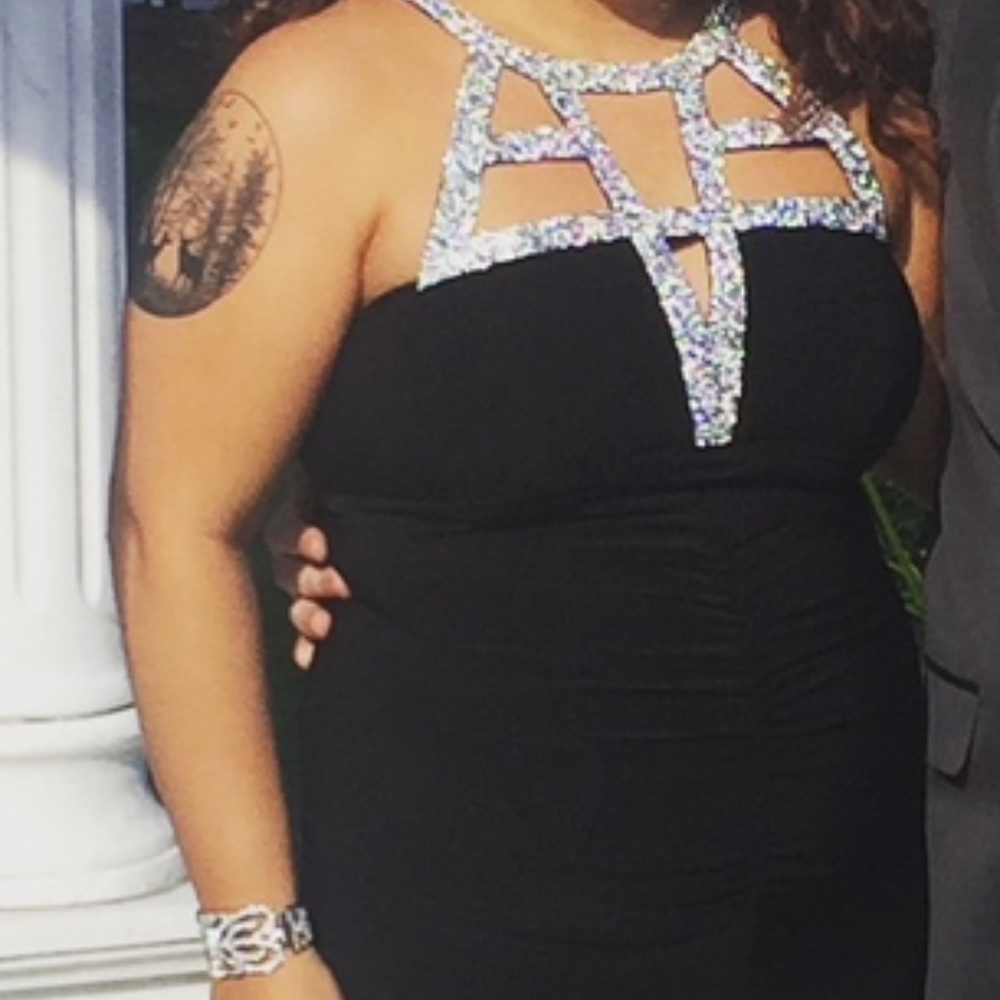 Marian Black fitted dress with bling neck & slit